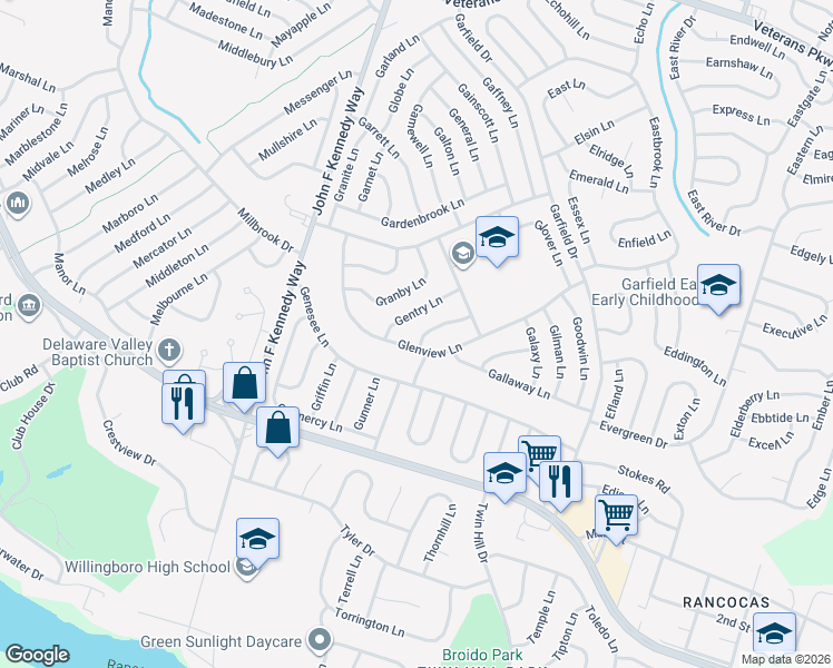 map of restaurants, bars, coffee shops, grocery stores, and more near 7 Gimble Lane in Willingboro