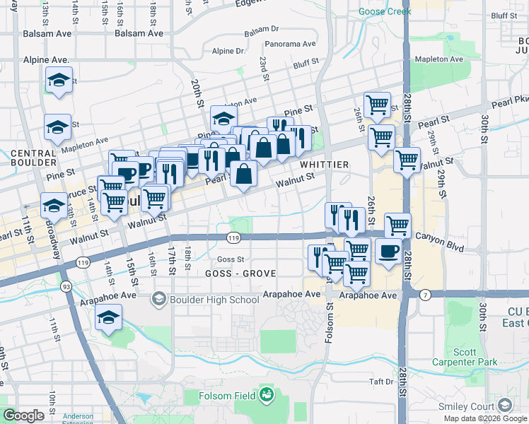 map of restaurants, bars, coffee shops, grocery stores, and more near 2175 South Walnut Street in Boulder