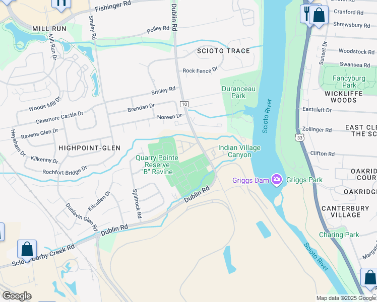 map of restaurants, bars, coffee shops, grocery stores, and more near 3213 Summerdale Lane in Columbus