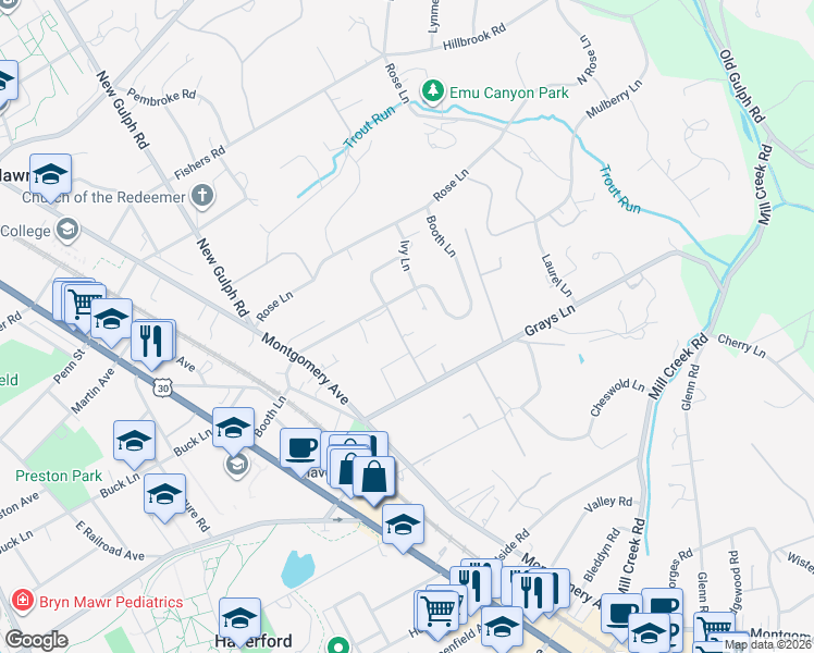 map of restaurants, bars, coffee shops, grocery stores, and more near 425 Glyn Wynne Rd in Haverford