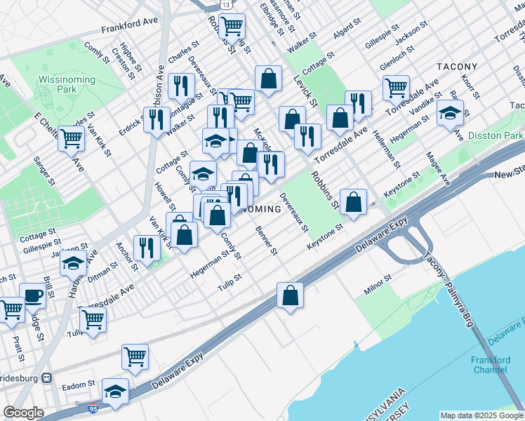 map of restaurants, bars, coffee shops, grocery stores, and more near 6124 Vandike Street in Philadelphia