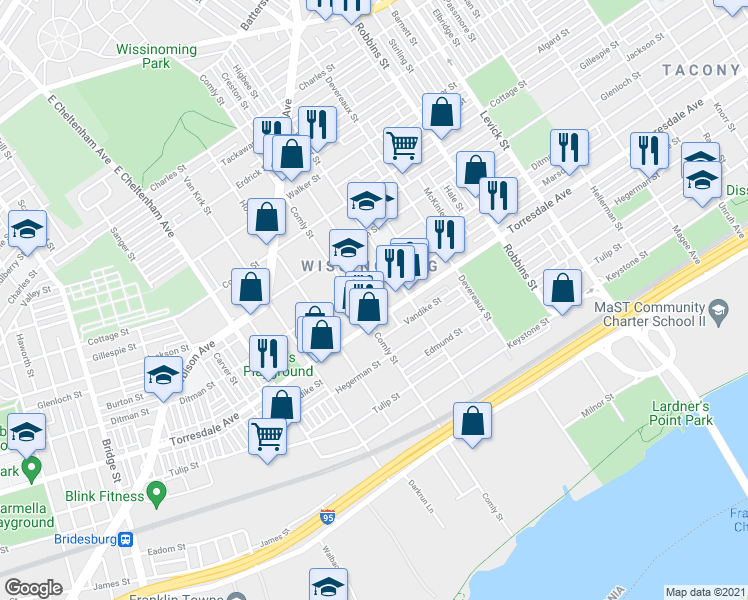 map of restaurants, bars, coffee shops, grocery stores, and more near 4618 Higbee Street in Philadelphia