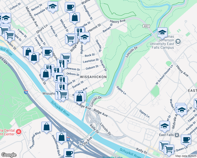 map of restaurants, bars, coffee shops, grocery stores, and more near 241 Rochelle Avenue in Philadelphia