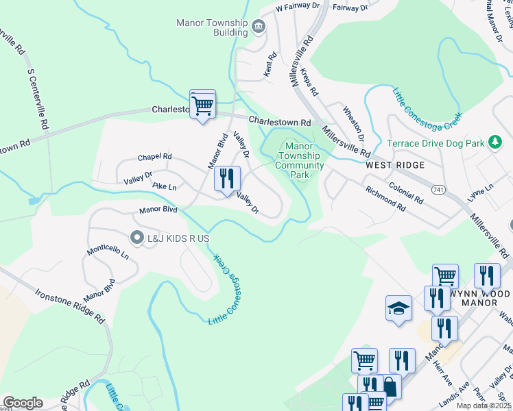 map of restaurants, bars, coffee shops, grocery stores, and more near 2521 Valley Drive in Lancaster