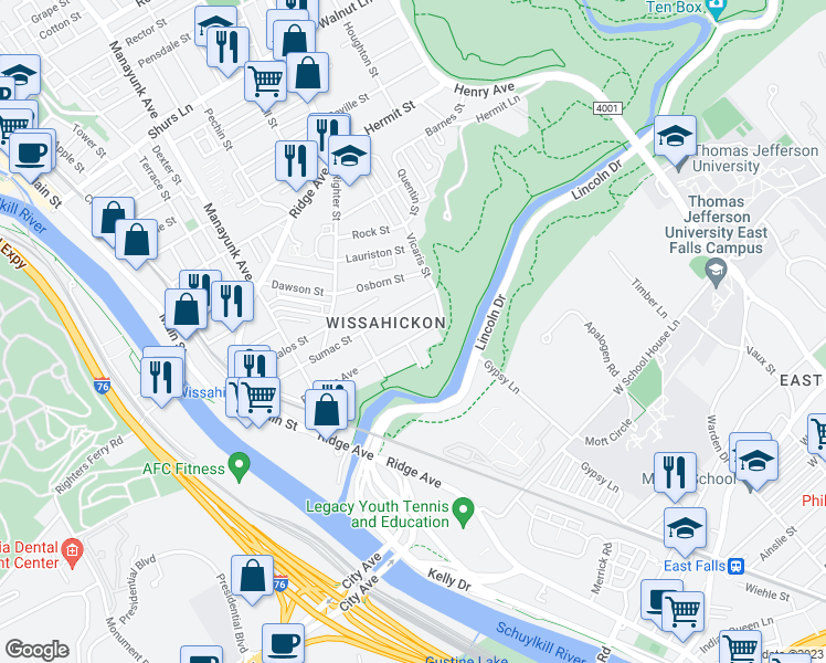 map of restaurants, bars, coffee shops, grocery stores, and more near 249 Rochelle Avenue in Philadelphia