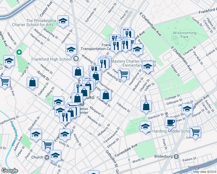 map of restaurants, bars, coffee shops, grocery stores, and more near 1653 Harrison Street in Philadelphia