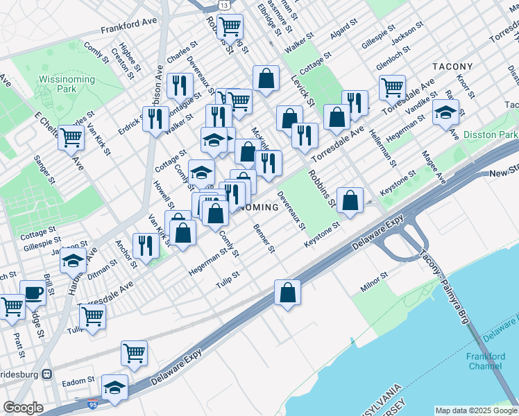 map of restaurants, bars, coffee shops, grocery stores, and more near 6124 Vandike Street in Philadelphia