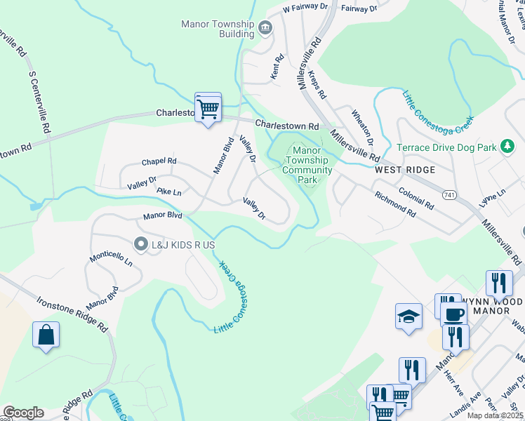 map of restaurants, bars, coffee shops, grocery stores, and more near 2521 Valley Drive in Lancaster