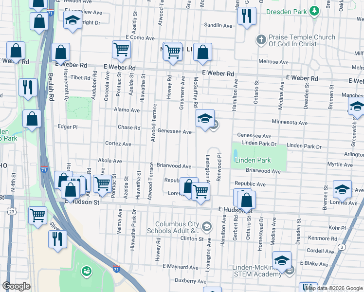 map of restaurants, bars, coffee shops, grocery stores, and more near 2595 Grasmere Avenue in Columbus