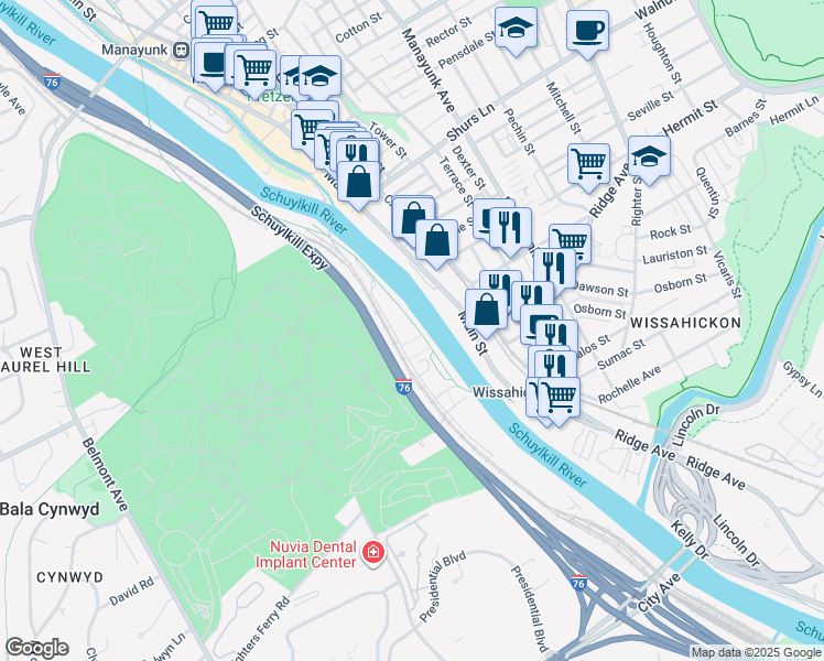 map of restaurants, bars, coffee shops, grocery stores, and more near 600 Righters Ferry Road in Bala Cynwyd