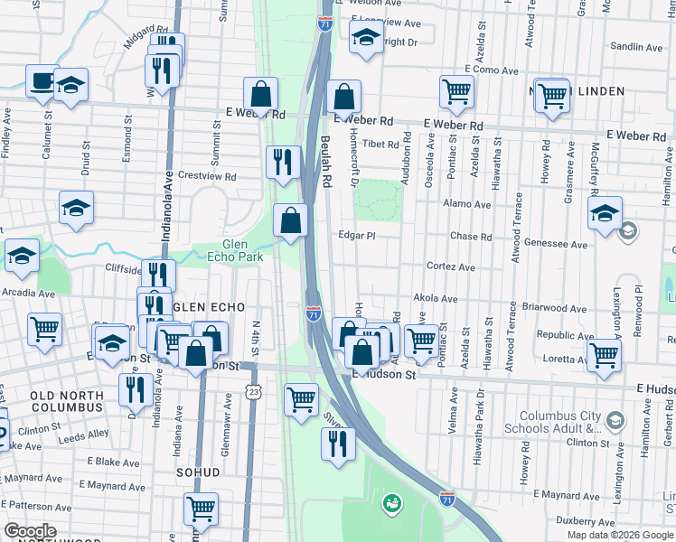 map of restaurants, bars, coffee shops, grocery stores, and more near 2650 Beulah Road in Columbus