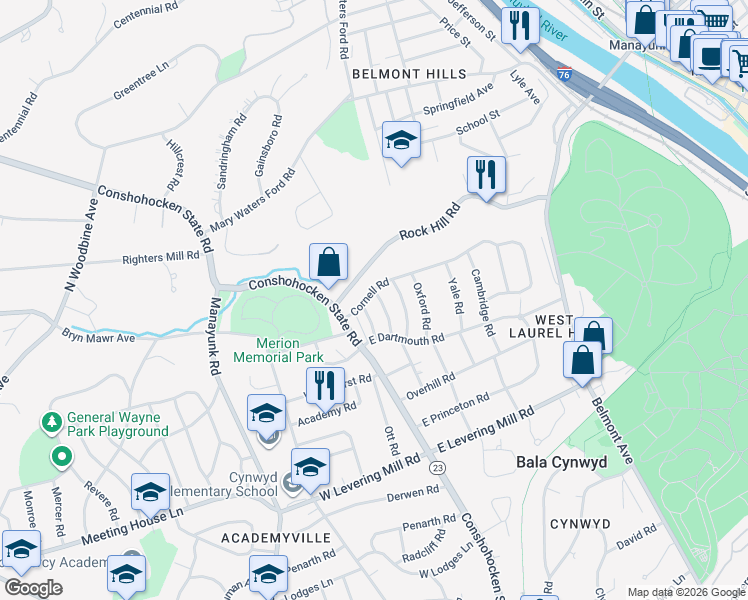 map of restaurants, bars, coffee shops, grocery stores, and more near 726 Stradone Rd in Bala Cynwyd