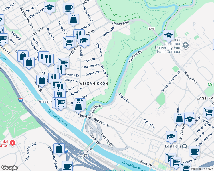 map of restaurants, bars, coffee shops, grocery stores, and more near 260 Rochelle Avenue in Philadelphia