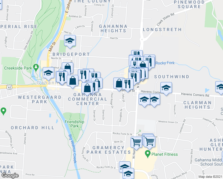 map of restaurants, bars, coffee shops, grocery stores, and more near 318 Granville Street in Gahanna