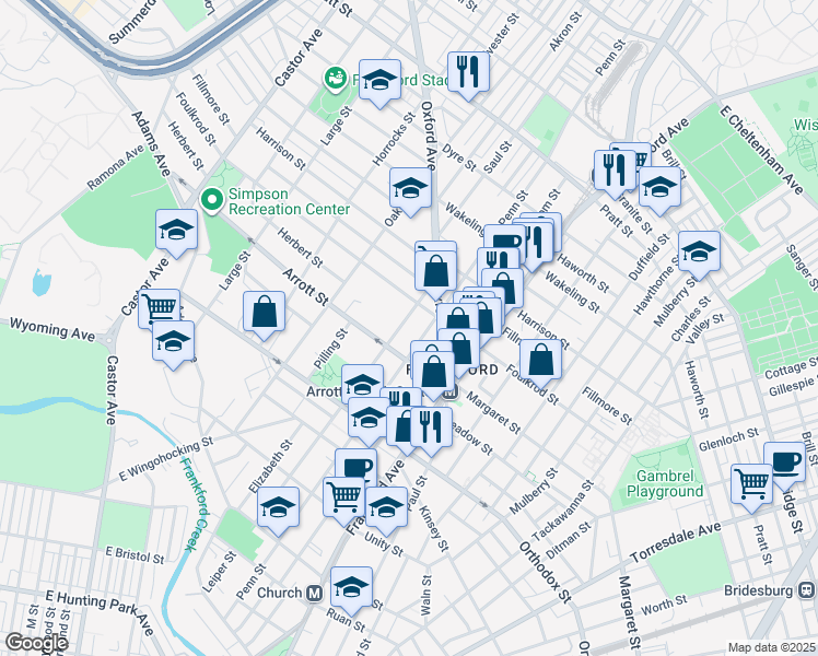 map of restaurants, bars, coffee shops, grocery stores, and more near 4723 Leiper Street in Philadelphia
