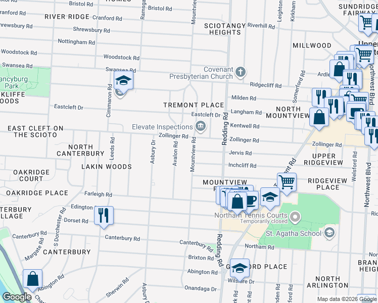 map of restaurants, bars, coffee shops, grocery stores, and more near 3093 Mountview Road in Upper Arlington