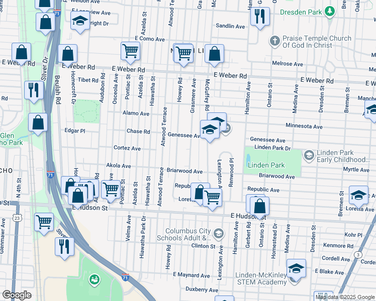 map of restaurants, bars, coffee shops, grocery stores, and more near 2595 Grasmere Avenue in Columbus