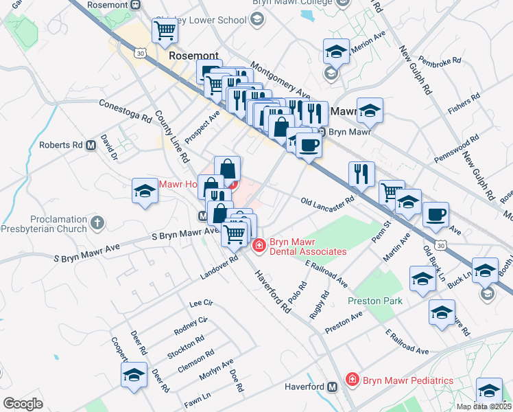 map of restaurants, bars, coffee shops, grocery stores, and more near 135 South Bryn Mawr Avenue in Bryn Mawr