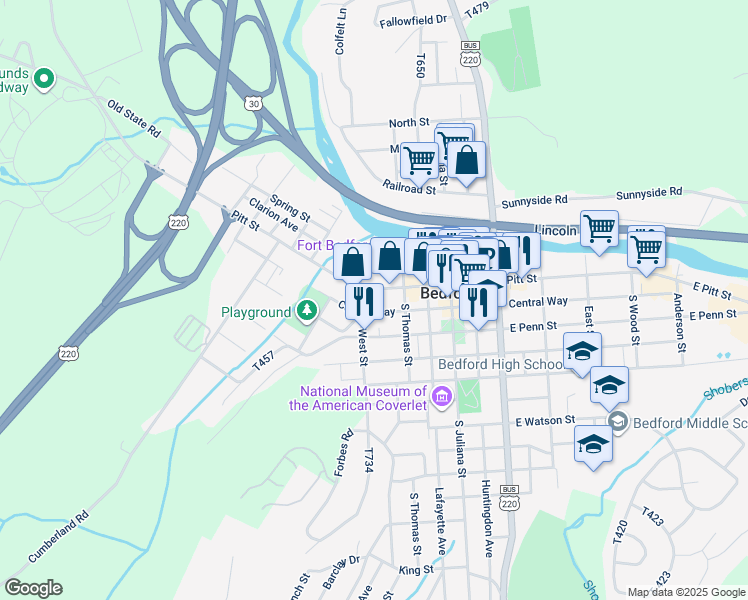 map of restaurants, bars, coffee shops, grocery stores, and more near 237 West Pitt Street in Bedford