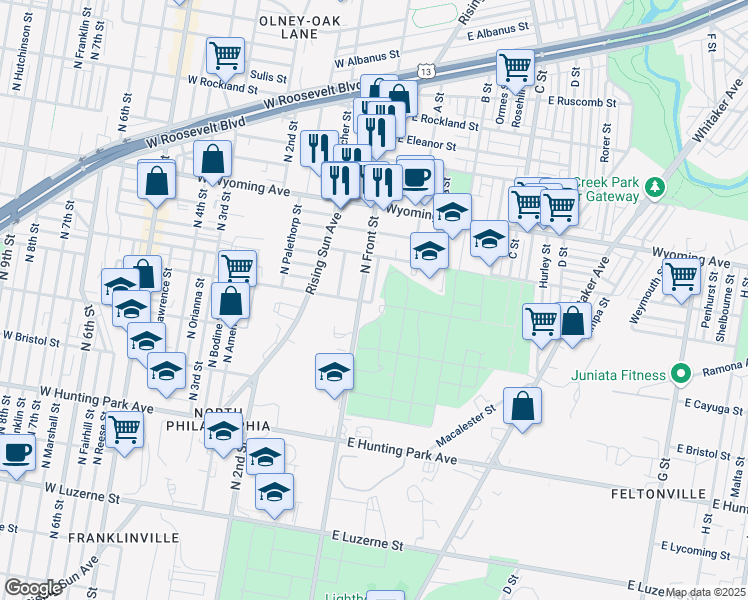 map of restaurants, bars, coffee shops, grocery stores, and more near 4501 North Lee Street in Philadelphia
