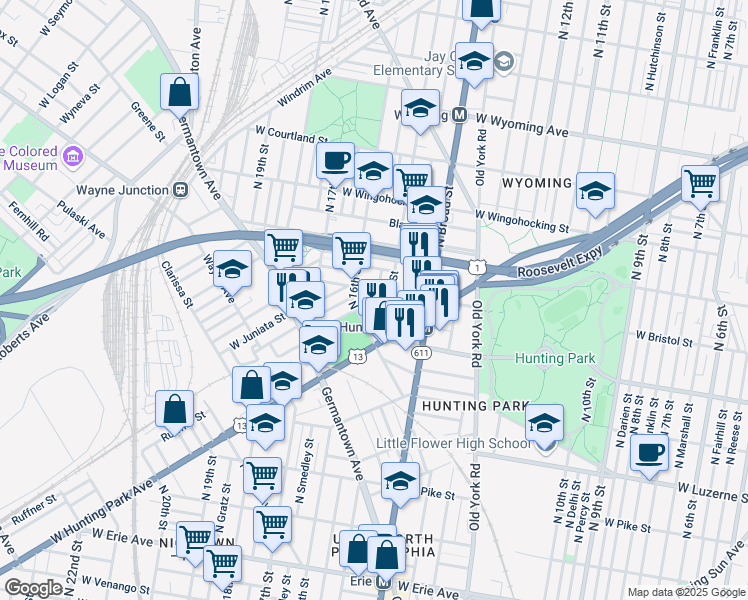 map of restaurants, bars, coffee shops, grocery stores, and more near 4246 North Hicks Street in Philadelphia