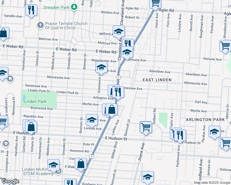 map of restaurants, bars, coffee shops, grocery stores, and more near in Columbus