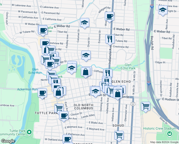 map of restaurants, bars, coffee shops, grocery stores, and more near 2717 Hibbert Avenue in Columbus