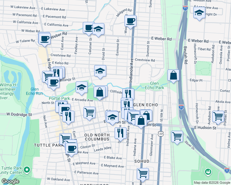 map of restaurants, bars, coffee shops, grocery stores, and more near 2710 Dayton Avenue in Columbus