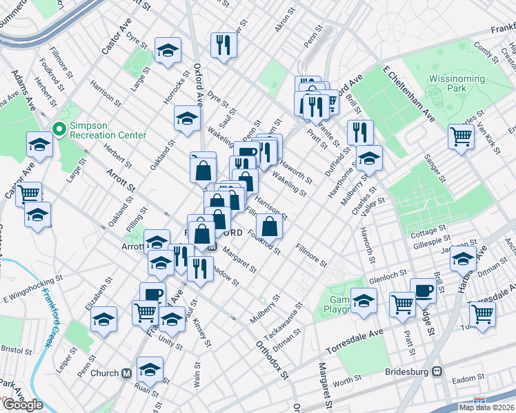map of restaurants, bars, coffee shops, grocery stores, and more near 1628 Harrison Street in Philadelphia