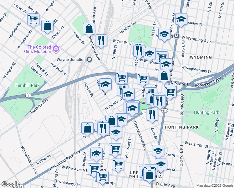 map of restaurants, bars, coffee shops, grocery stores, and more near 1821 Brunner Street in Philadelphia