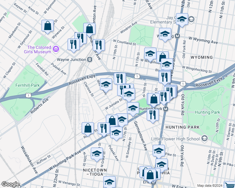 map of restaurants, bars, coffee shops, grocery stores, and more near 1821 Brunner Street in Philadelphia