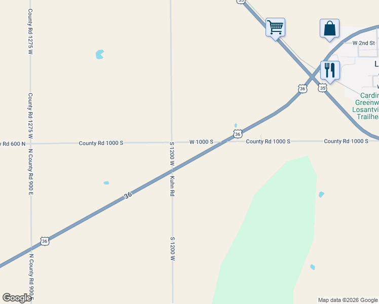 map of restaurants, bars, coffee shops, grocery stores, and more near 11947 West 1000 South in Losantville
