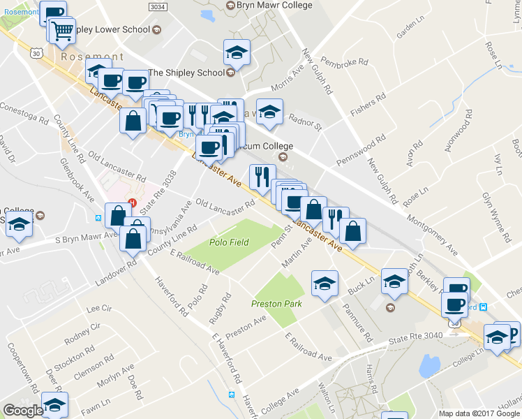 map of restaurants, bars, coffee shops, grocery stores, and more near 659 Dayton Road in Bryn Mawr
