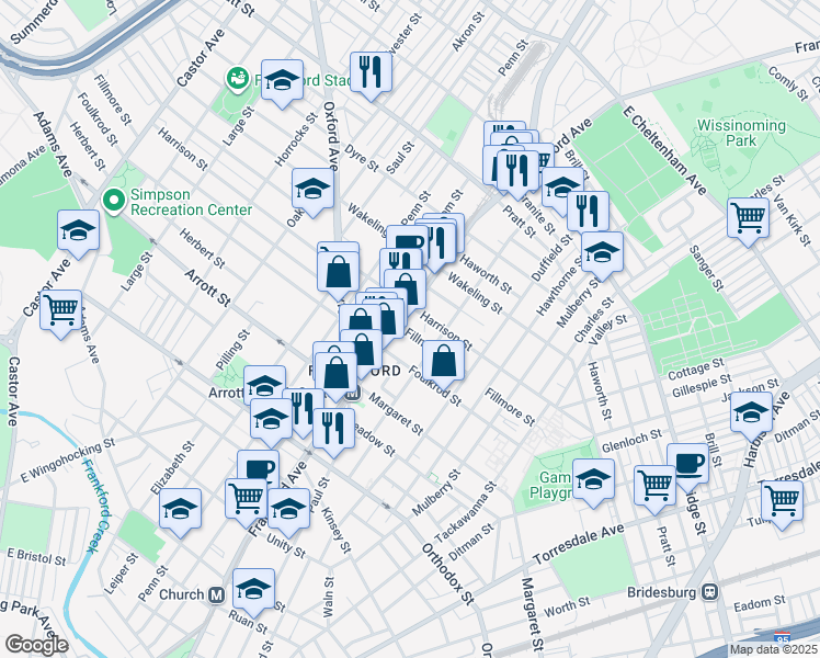 map of restaurants, bars, coffee shops, grocery stores, and more near 1628 Harrison Street in Philadelphia
