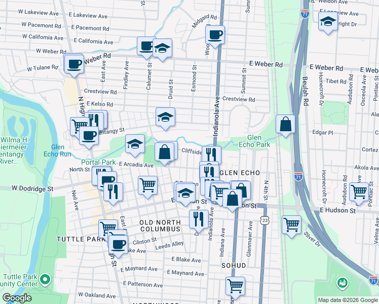 map of restaurants, bars, coffee shops, grocery stores, and more near 2712 Dayton Avenue in Columbus