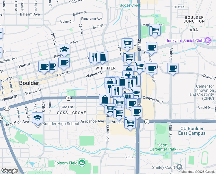 map of restaurants, bars, coffee shops, grocery stores, and more near 1820 Folsom Street in Boulder
