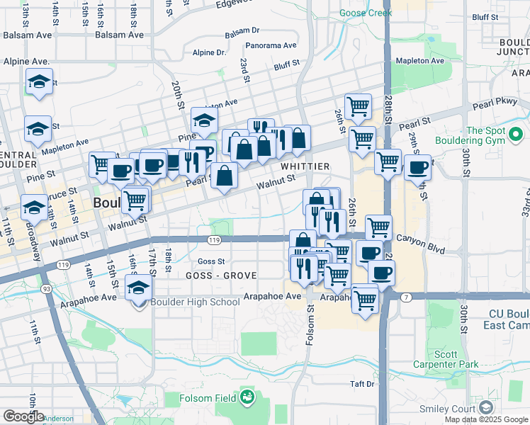 map of restaurants, bars, coffee shops, grocery stores, and more near 1834 22nd Street in Boulder