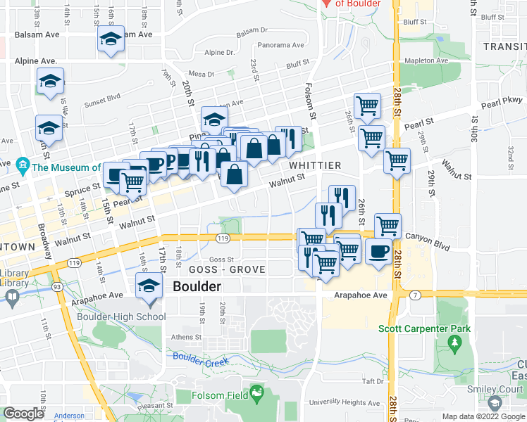 map of restaurants, bars, coffee shops, grocery stores, and more near 2175 South Walnut Street in Boulder