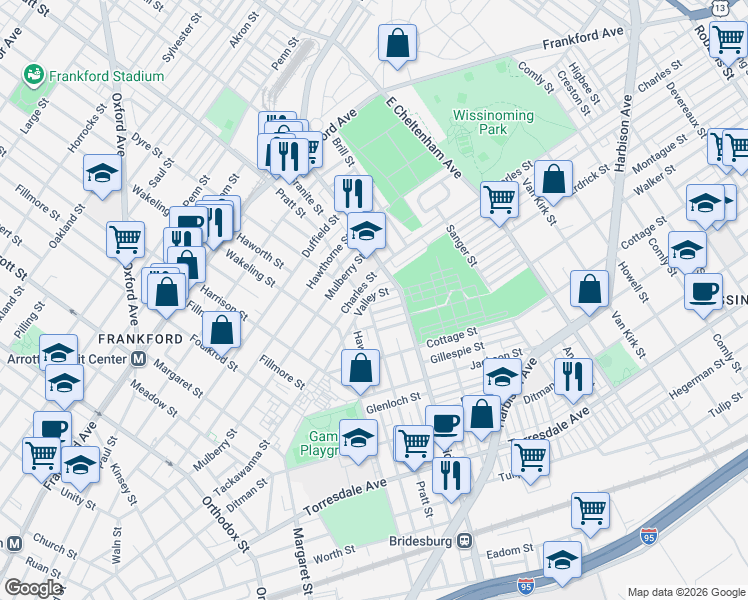 map of restaurants, bars, coffee shops, grocery stores, and more near 5109 Valley Street in Philadelphia