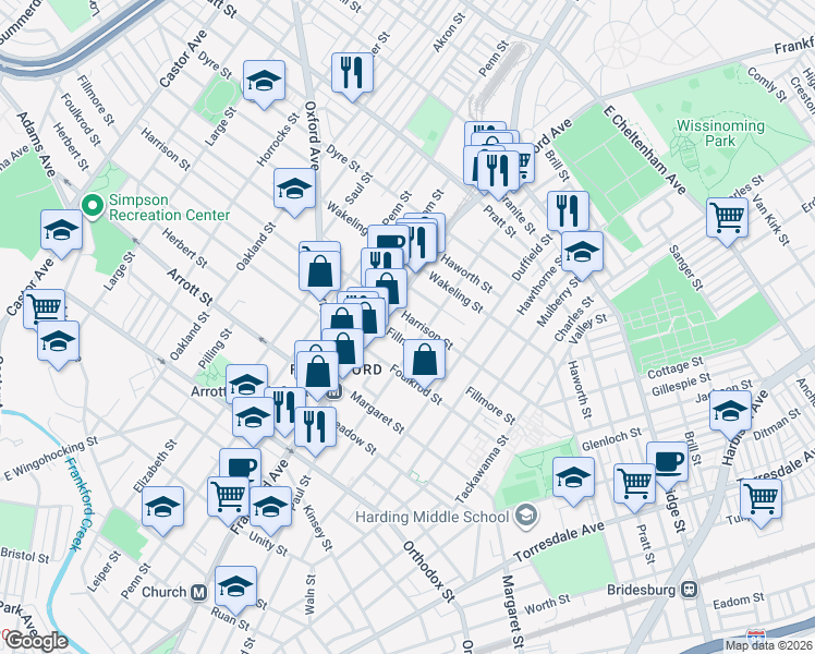 map of restaurants, bars, coffee shops, grocery stores, and more near 1628 Harrison Street in Philadelphia