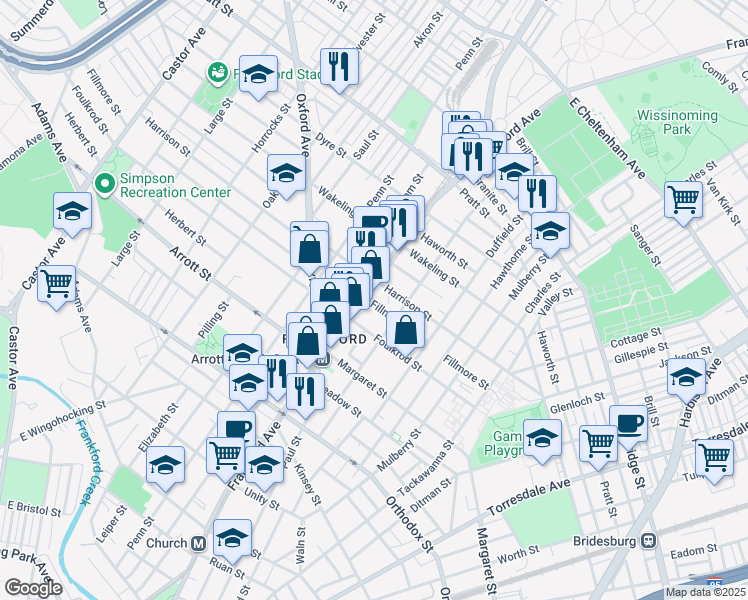 map of restaurants, bars, coffee shops, grocery stores, and more near 1600 Harrison Street in Philadelphia