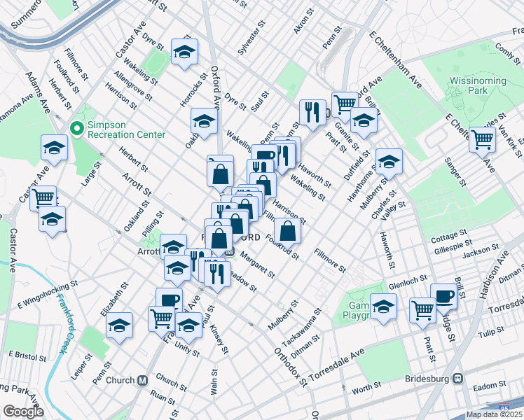 map of restaurants, bars, coffee shops, grocery stores, and more near in Philadelphia