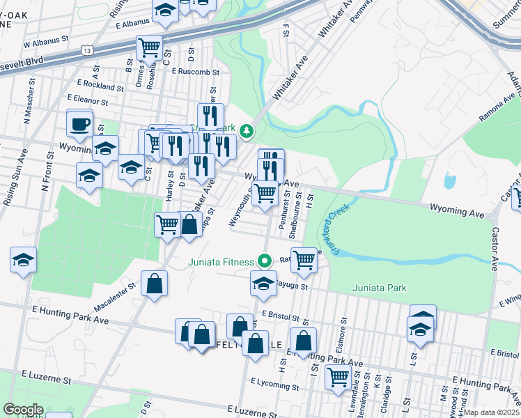 map of restaurants, bars, coffee shops, grocery stores, and more near 4608 G Street in Philadelphia