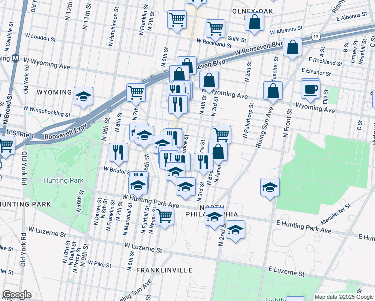 map of restaurants, bars, coffee shops, grocery stores, and more near 4415 North Lawrence Street in Philadelphia