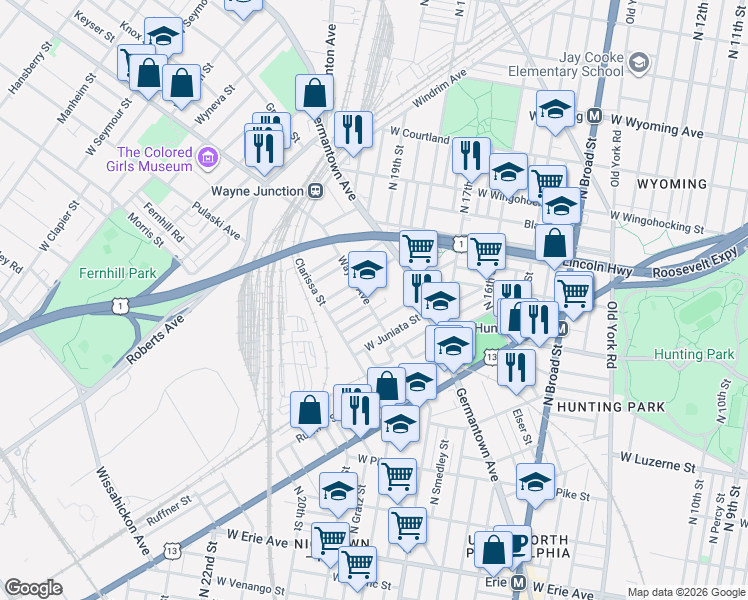 map of restaurants, bars, coffee shops, grocery stores, and more near 4301 Wayne Avenue in Philadelphia