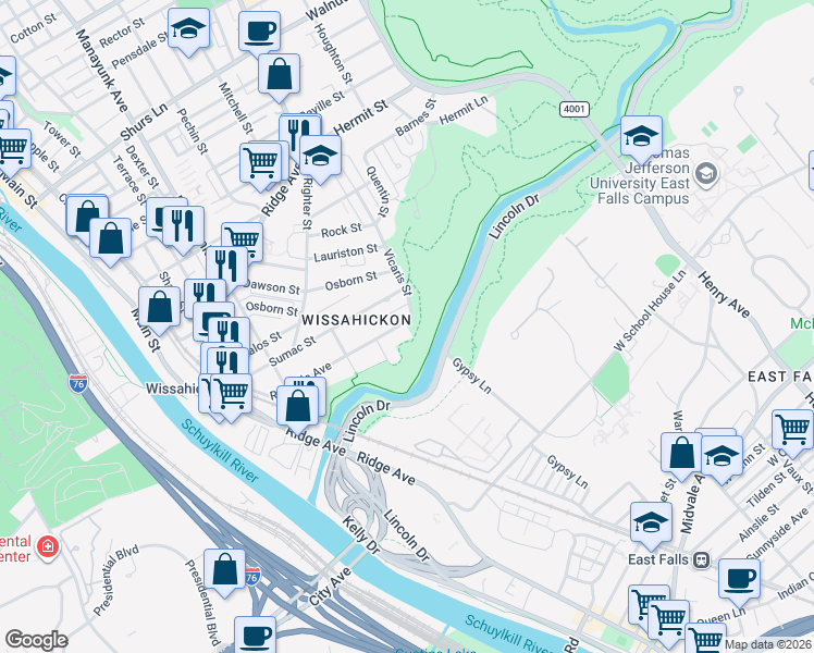 map of restaurants, bars, coffee shops, grocery stores, and more near 260 Rochelle Avenue in Philadelphia