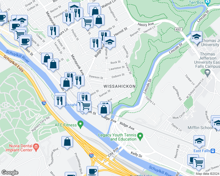 map of restaurants, bars, coffee shops, grocery stores, and more near 163 Sumac Street in Philadelphia