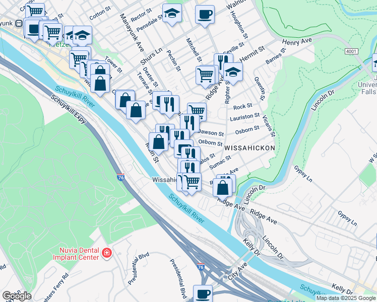 map of restaurants, bars, coffee shops, grocery stores, and more near 139 Vassar Street in Philadelphia