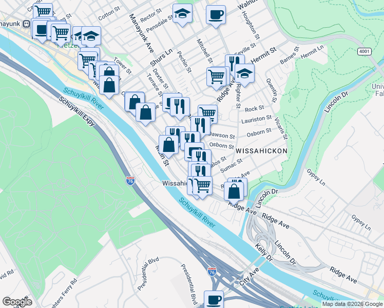 map of restaurants, bars, coffee shops, grocery stores, and more near 139 Vassar Street in Philadelphia