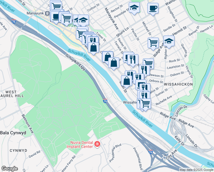 map of restaurants, bars, coffee shops, grocery stores, and more near 600 Righters Ferry Road in Bala Cynwyd